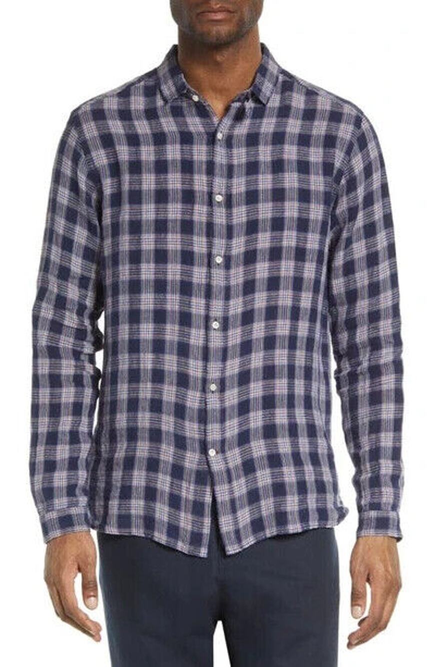 NWT Oliver Spencer Clerkenwell Tab Linen Shirt 15.5 M Indigo Blue Plaid $250